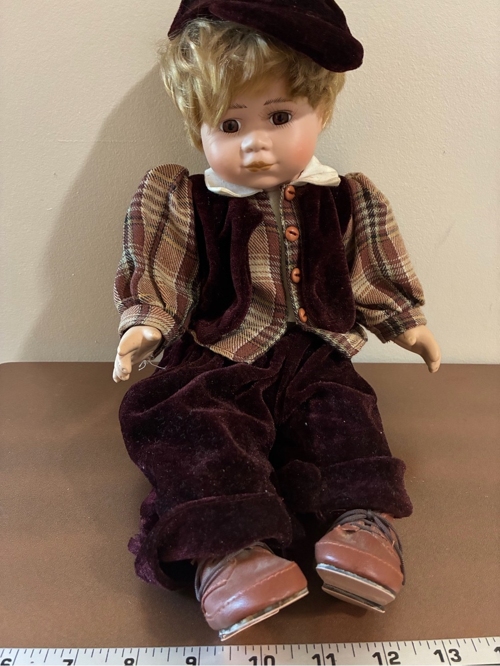 Plush 1950 Burgundy Velvet porcelain Boy Doll with Plaid Outfit